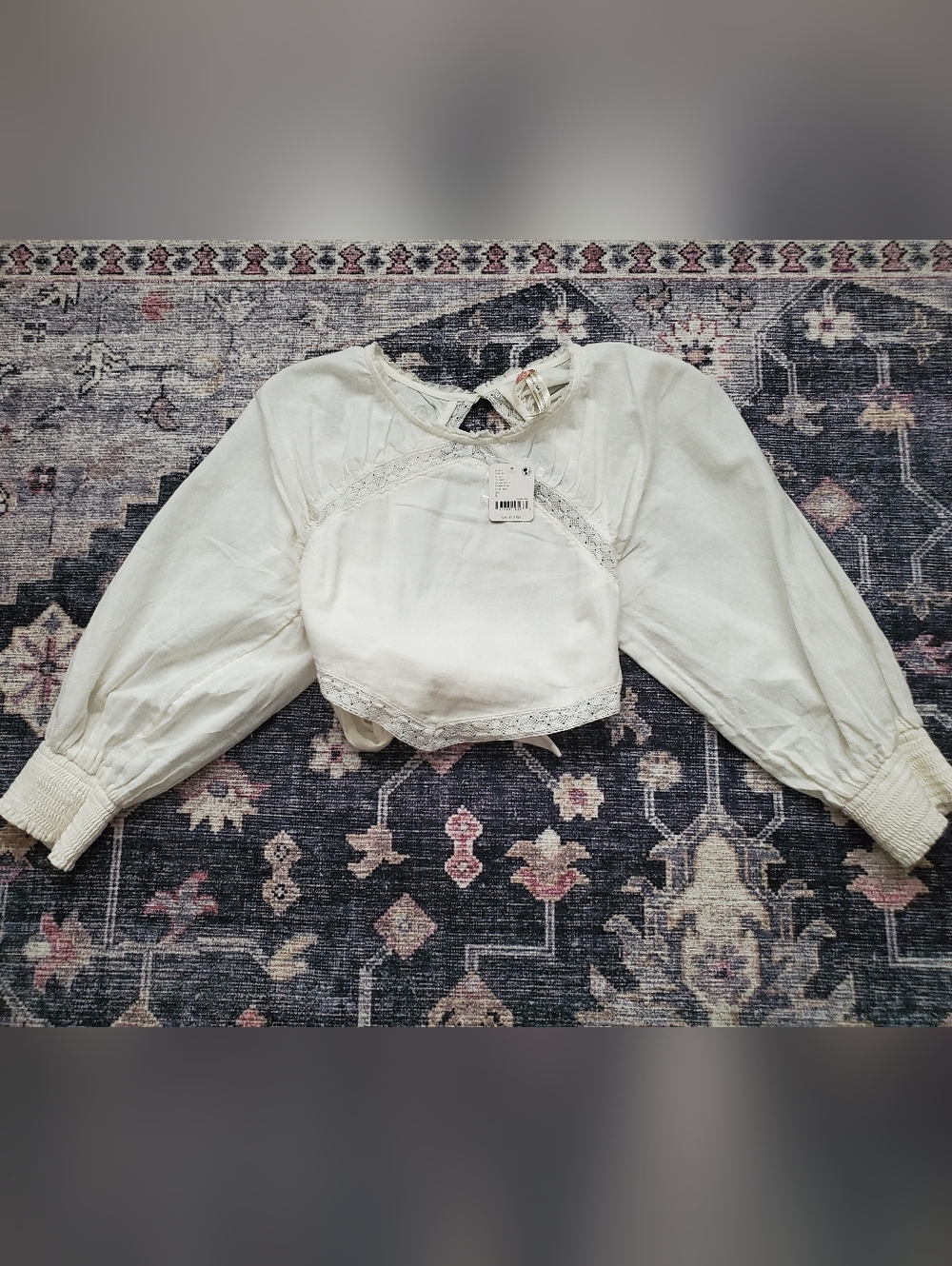 Free People Ivory Lace-Trim Puff Sleeve Crop Top